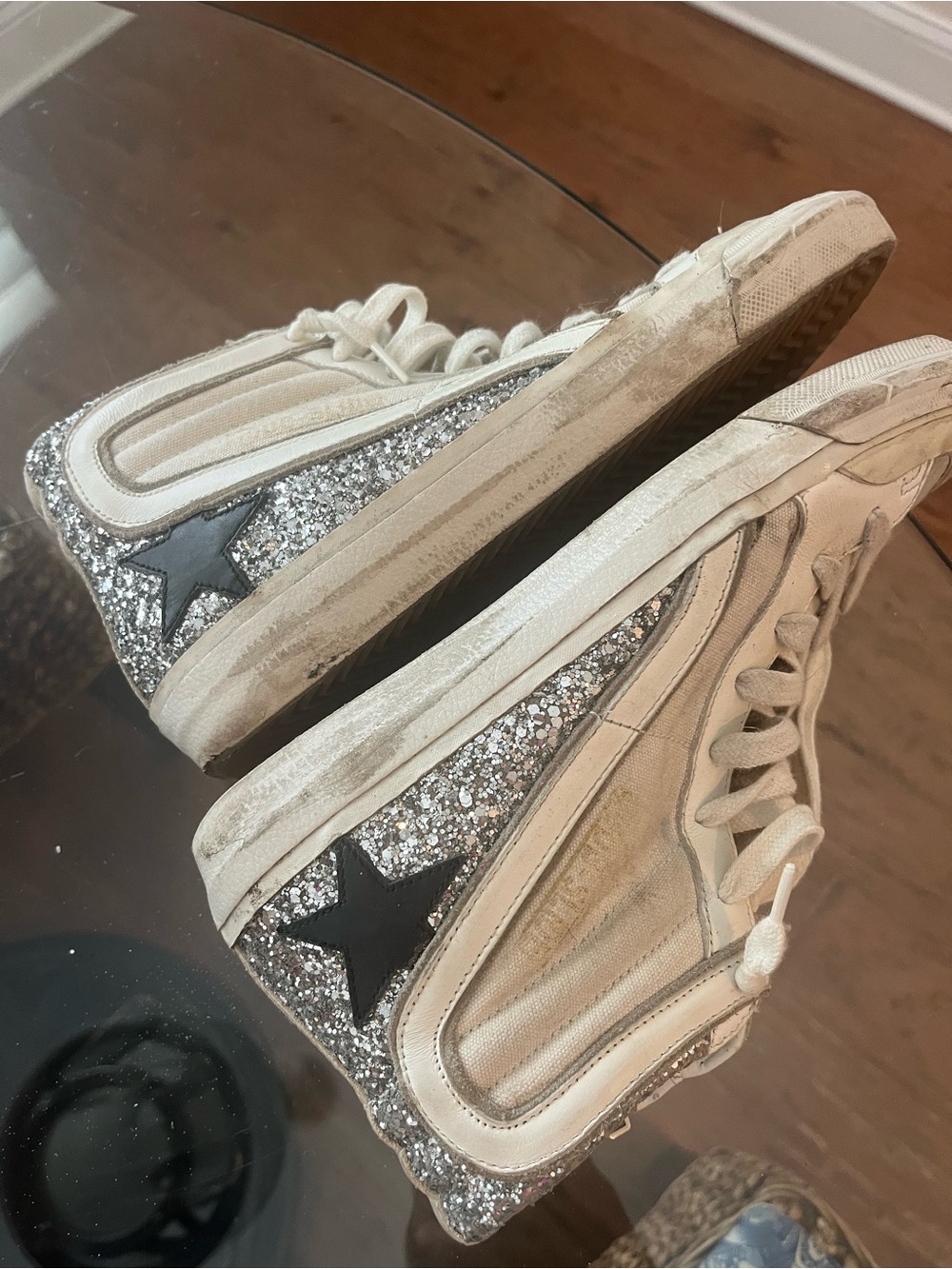 Golden Goose Mid-Top Sneakers in White, Silver Glitter and Black Star